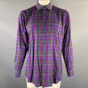 ETRO Size XL Purple Red Green Plaid Pointed Collar Long Sleeve Shirt
